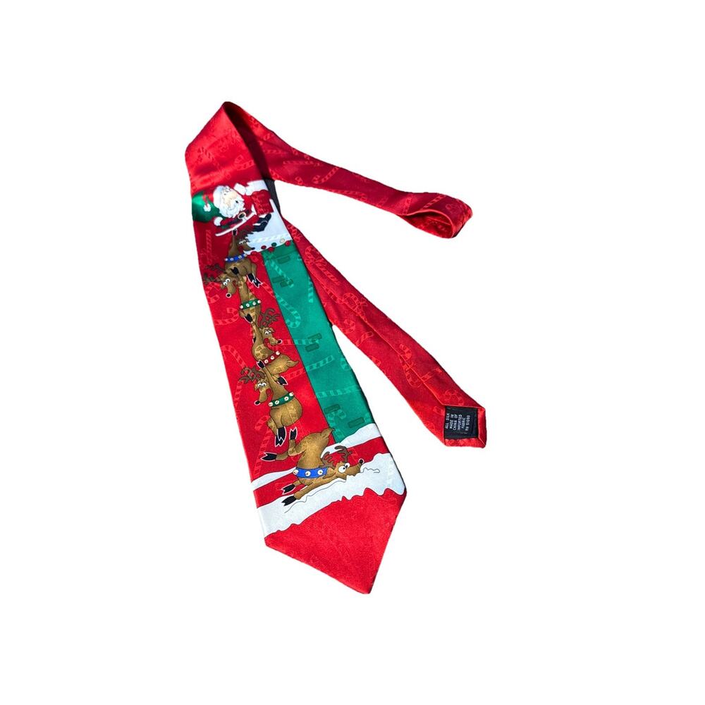 Yule Tie Greetings Christmas 100%‎ Silk Necktie Santa And Reindeer Climb Chimney